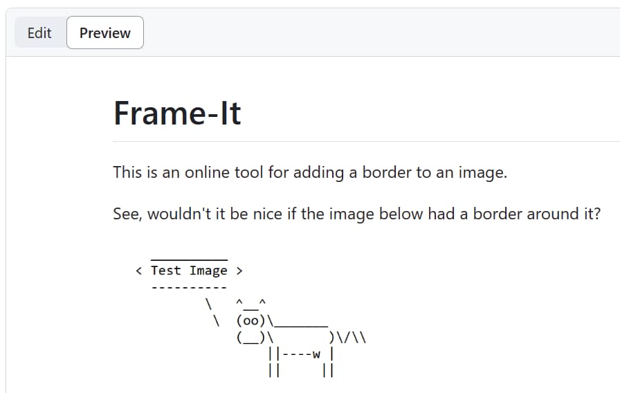 Screenshot of the Frame-It README with a test image that is wrapped in a div tag which has an inline CSS style that should give it a border. The test image still has no border.