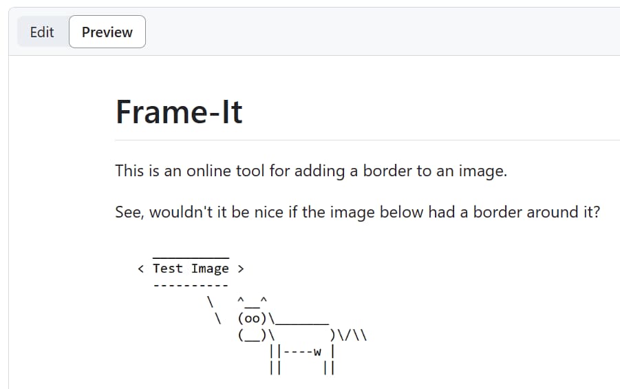 Screenshot of the Frame-It README with a test image that has an inline CSS style that should give it a border. The test image still has no border.