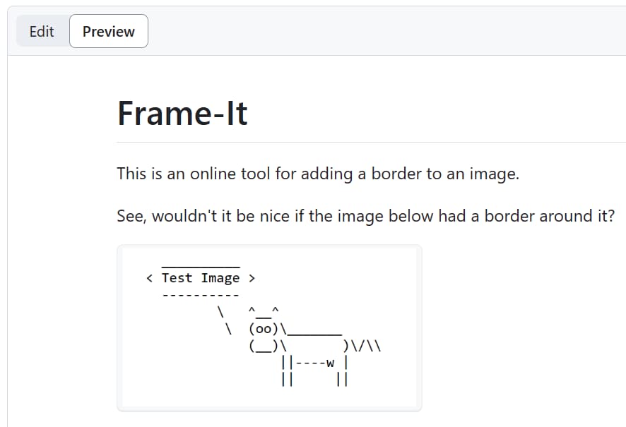 Screenshot of the Frame-It README with a test image that is wrapped in a kbd tag. The test image has a visual border given by the kbd tag.