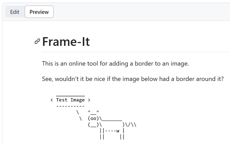 Screenshot of the Frame-It README with a test image. The test image has no border.