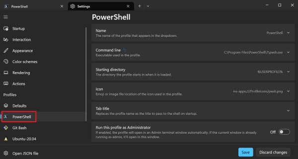 A screenshot of the PowerShell settings window. In the left-hand menu, there is a section labeled 'Profiles', and the 'PowerShell' profile is highlighted.