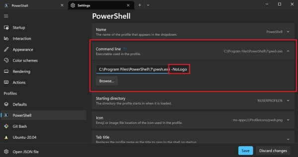 A screenshot of the settings for the 'PowerShell' profile with the 'Command line' section expanded. The text '-NoLogo' has been added to the command for launching PowerShell.